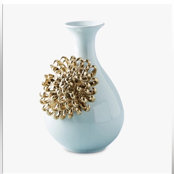 Anthropologie Gold Tone Chrysanthemum Bloom & Speckled Blue Flower Vase - Picture 2 of 3
